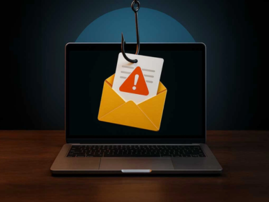 A fishing hook pulls an email with a warning sign out of a laptop screen, symbolizing a phishing scam.
